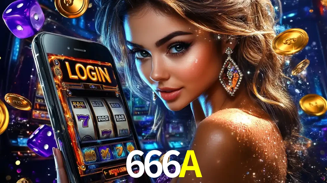 Mulher glamorosa segurando um smartphone com a tela de login para os jogos de caça-níqueis do cassino online 666A, com moedas de ouro e dados ao redor.