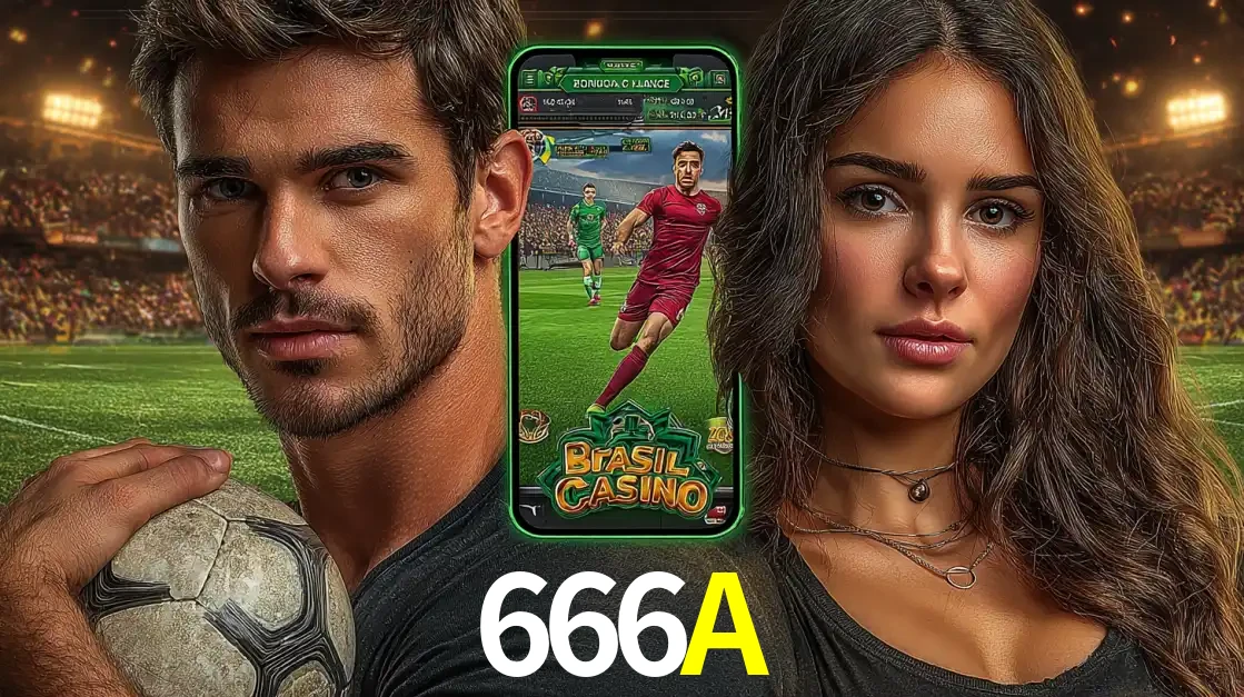 Homem segurando uma bola de futebol e uma mulher ao lado de um smartphone exibindo o jogo de apostas esportivas da 666A. Faça seu palpite no cassino online.